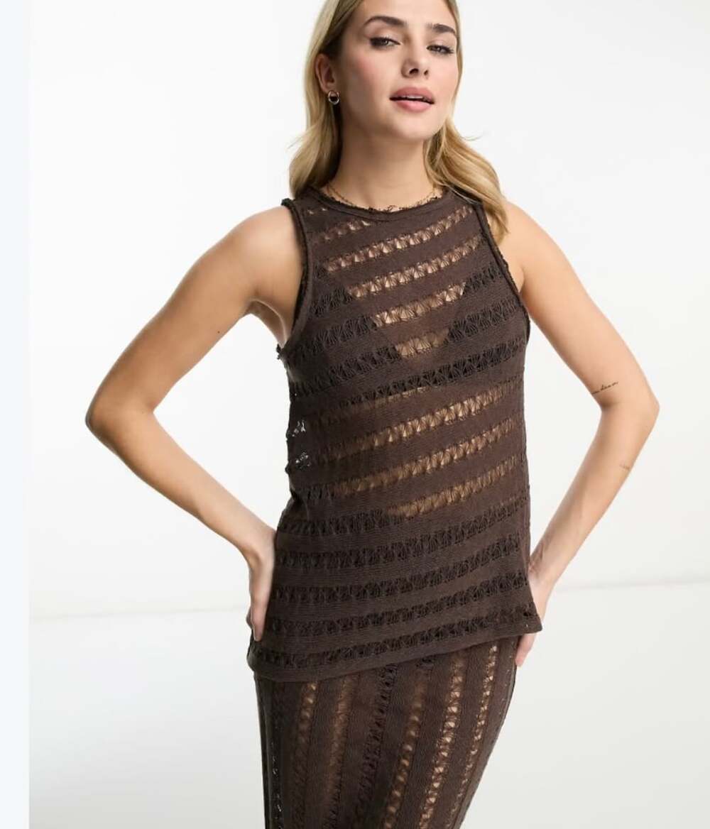 Pull&Bear Knit Tank Top Size XS Brown Distressed Asymmetric Sleeveless